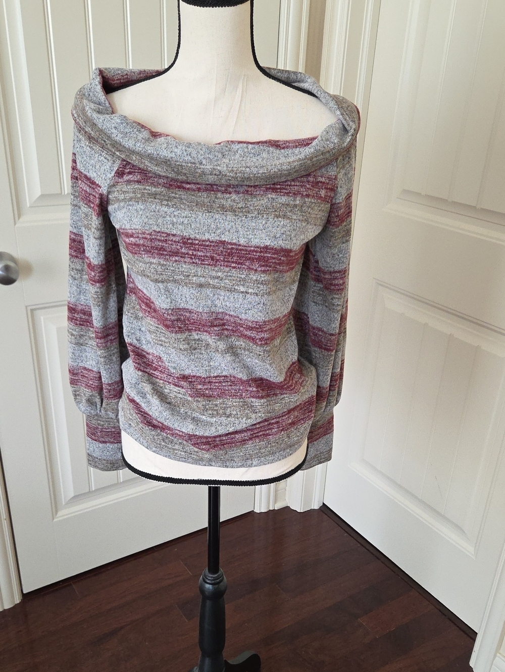 Daytrip Off-the-Shoulder Striped Sweater in Gray & Burgundy